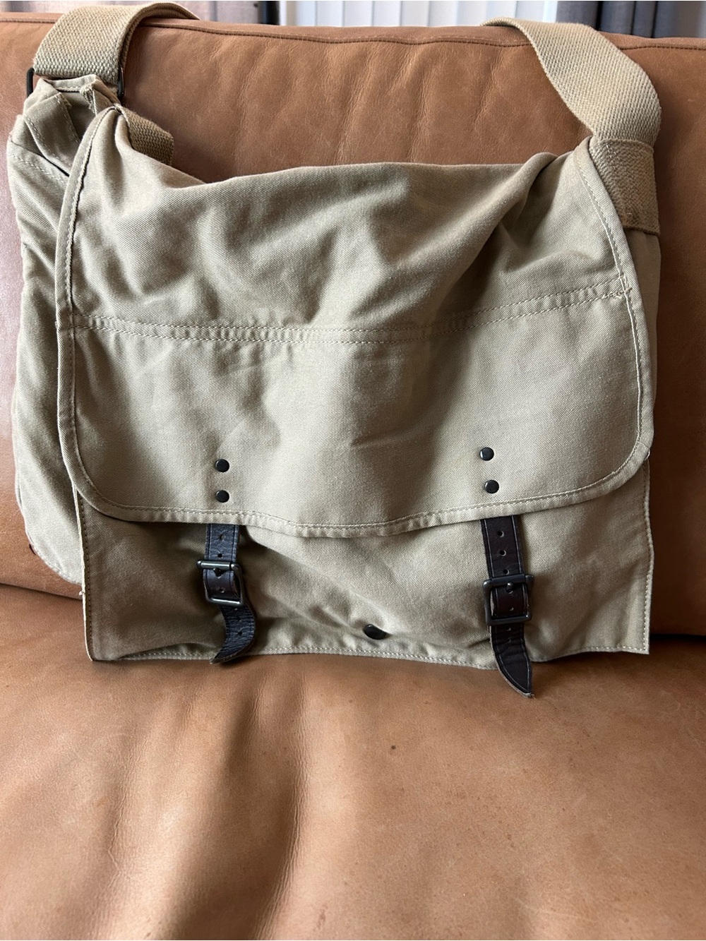 J. Crew Khaki Cotton Canvas Messenger Bag with Dark Brown Leather Trim unisex